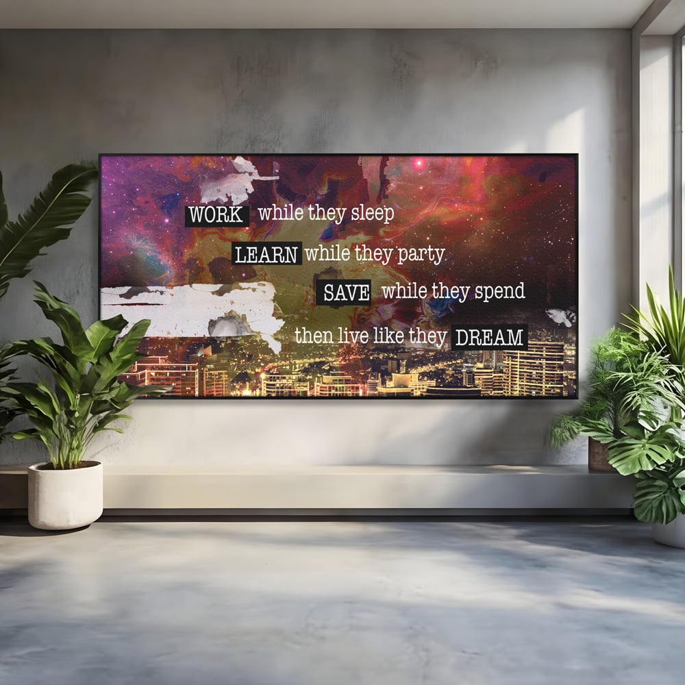 Tablou canvas cu tablou motivational cu oras si cer cosmic, in rama de aluminiu negru